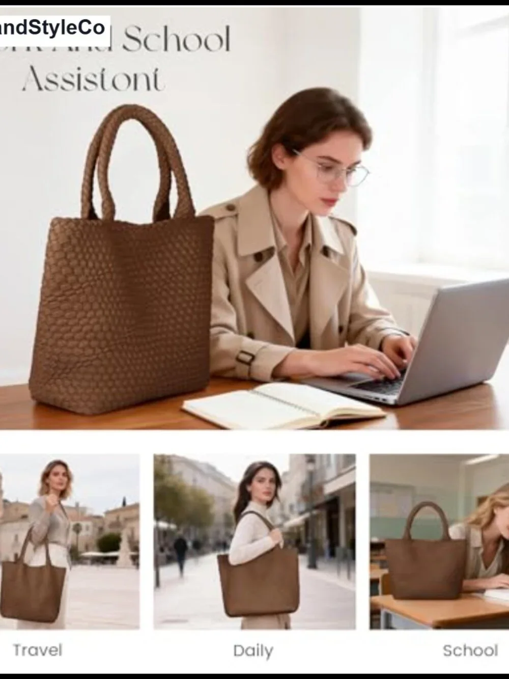 Woven Vegan Leather Slouchy Tote Bag Large Capacity Laptop Shoulder Purse